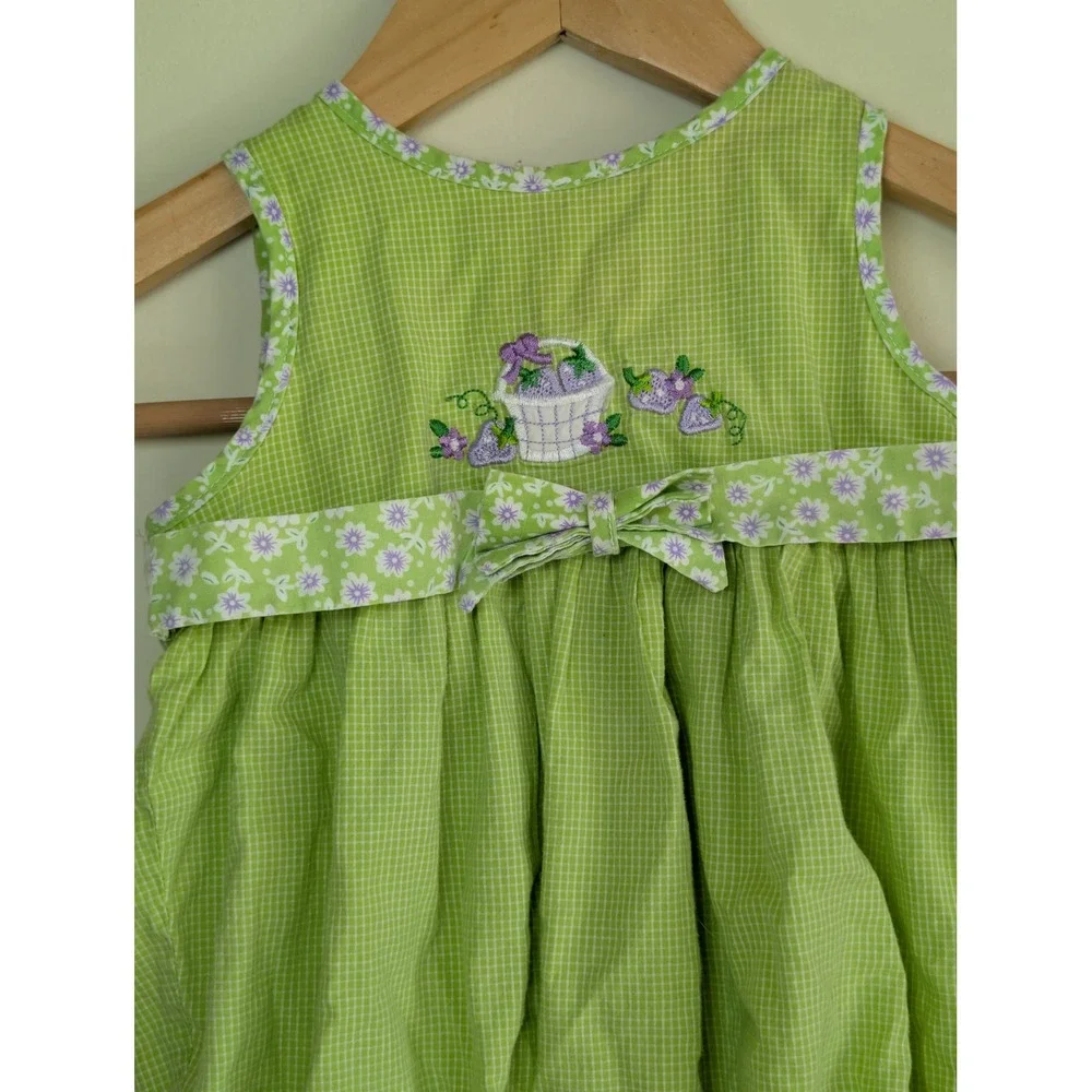 PA Kids‎ Vintage Bubble Romper Baby Girls 24M Green Gingham Berry Embroidery 90s